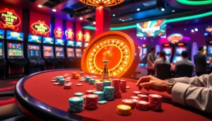 Engaged players strategizing at a poker table in thabet college-themed casino, surrounded by vibrant gaming visuals.