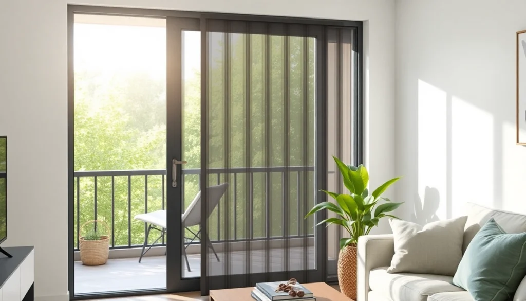 Moskitiery na drzwi balkonowe w nowoczesnym wnętrzu, otwarte na zielony balkon.