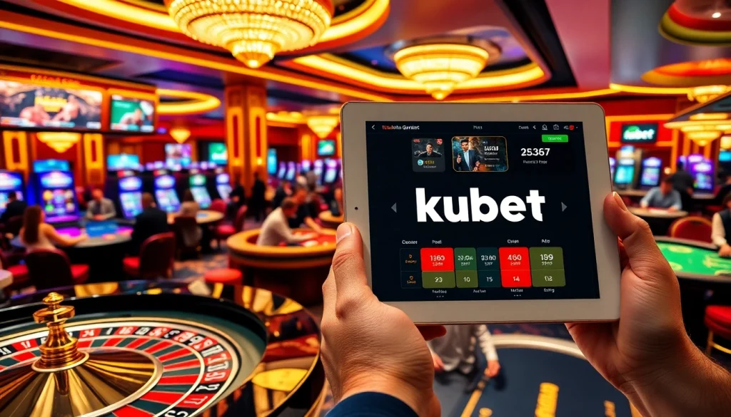 Engaging scene of kubet casino gaming tables with players enjoying blackjack and roulette.