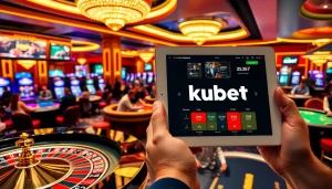 Engaging scene of kubet casino gaming tables with players enjoying blackjack and roulette.