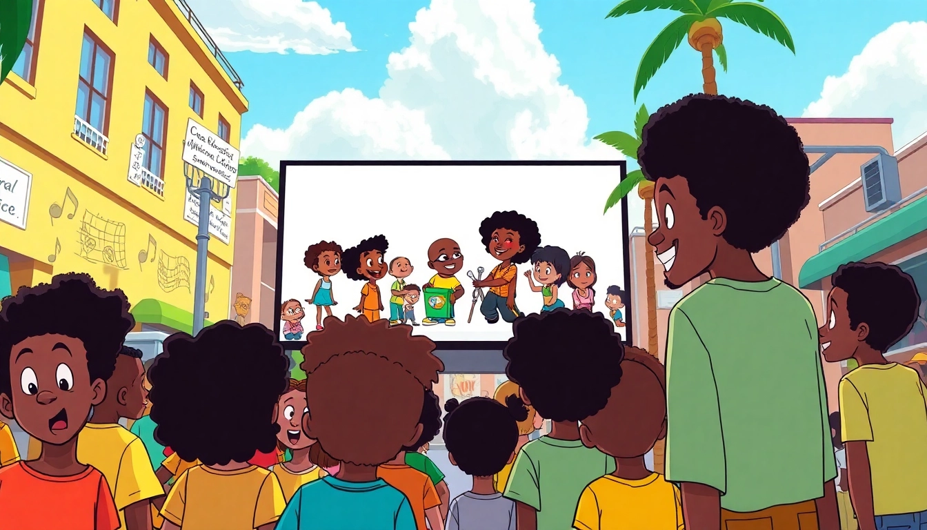 Engaging scene featuring African American cartoons with children enjoying animated characters outdoors.