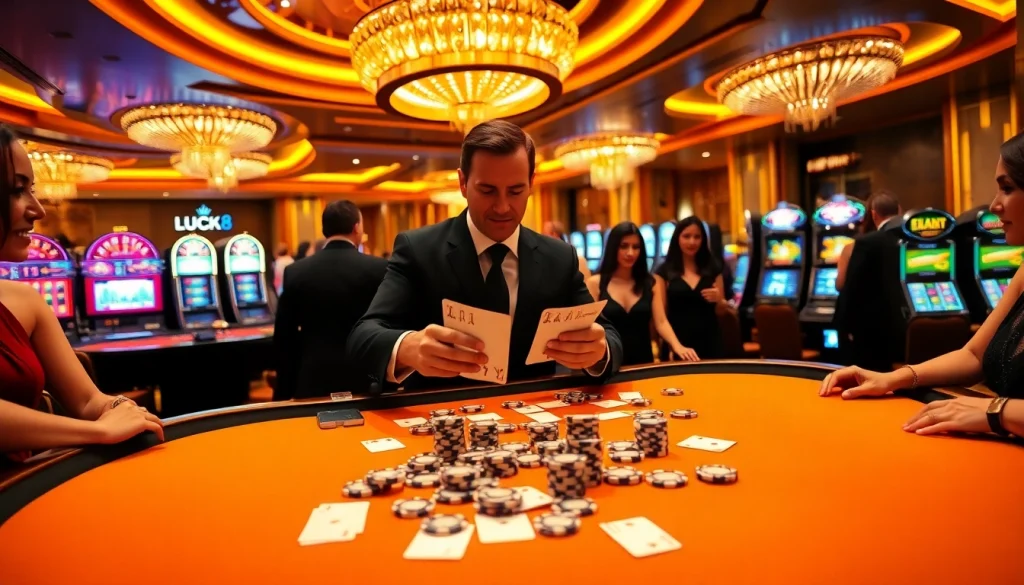 Experience LUCK8's thrilling gaming atmosphere with dynamic casino tables and excited players.