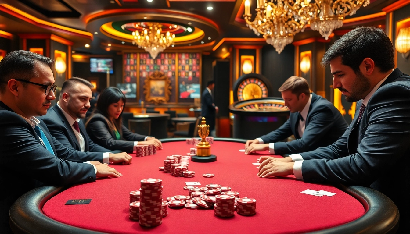 KPI4D players strategizing at an upscale poker table in a luxurious casino setting.