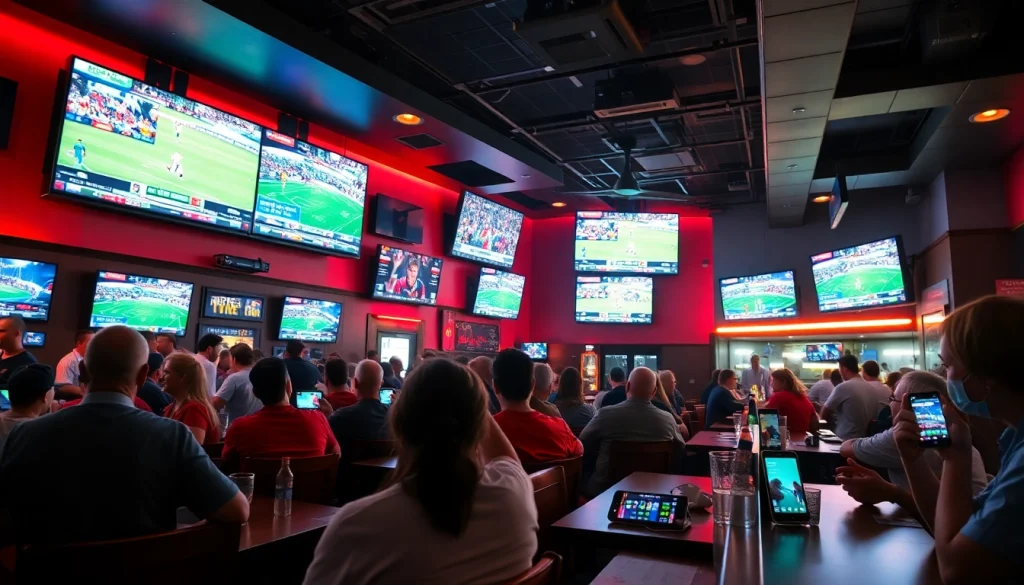 Sports fans enjoying high-definition broadcasts at a lively 토토스토리 viewing venue.