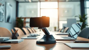 Praktische abschließbare Handytasche auf einem Schreibtisch, bereit für die Nutzung.