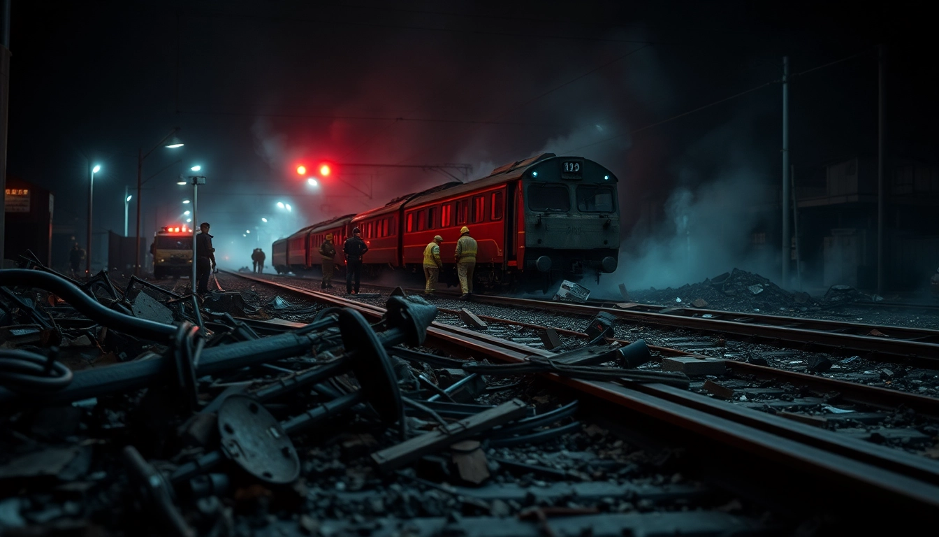 Responders investigating the spain train crash site with debris and emergency gear scattered around.