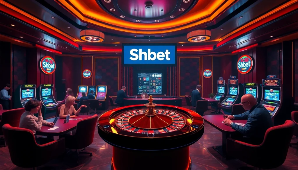 Experience the excitement of Shbet in a luxurious casino setting with vibrant roulette and slot machines.