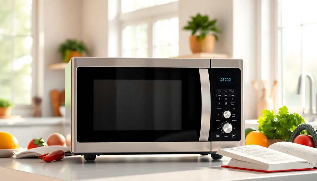 Modern Microwave Oven in a stylish kitchen among fresh ingredients, showcasing its sleek design and features.