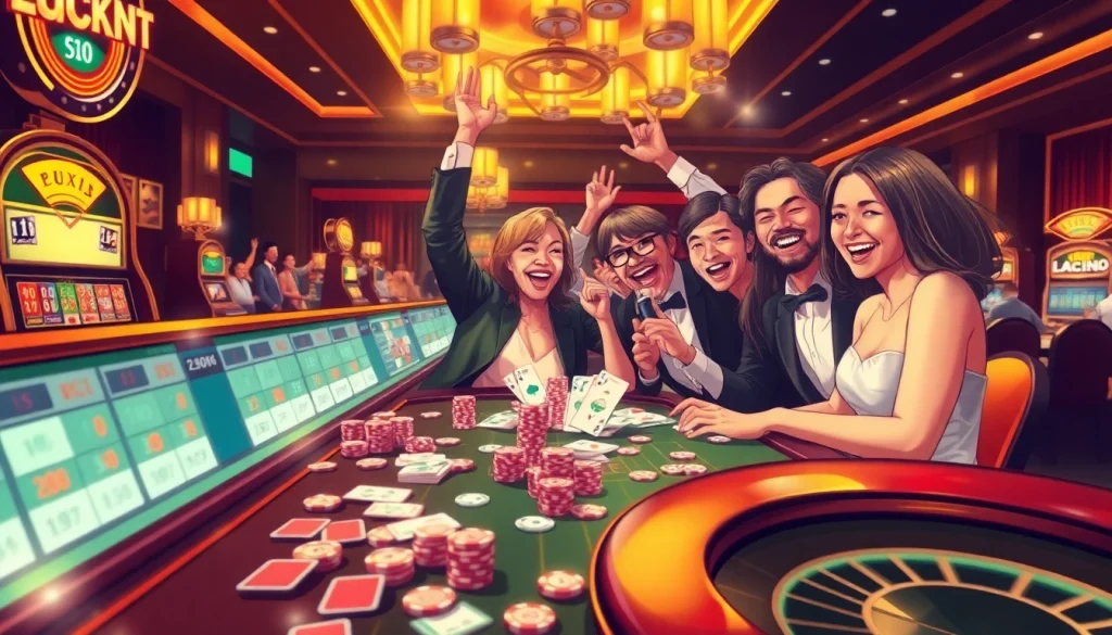 Luck8 win players celebrating a big casino victory with vibrant slot machines and poker chips.