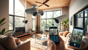 Instalación de alarmas de seguridad en una casa moderna de Costa Rica, que muestra dispositivos de alta tecnología en una sala de estar acogedora.