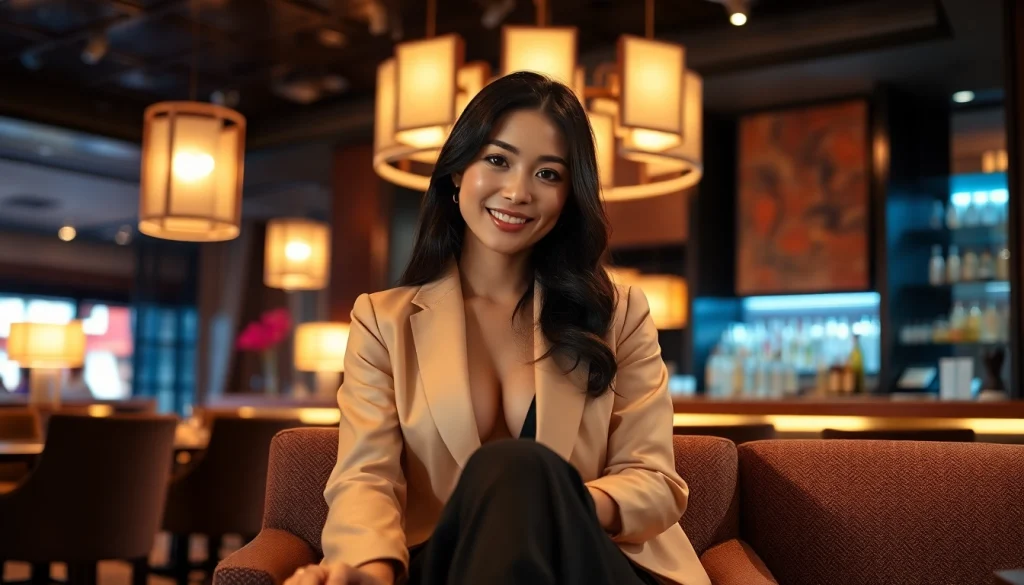 Singapore escort elegantly seated in a luxurious lounge, exuding sophistication and warmth.