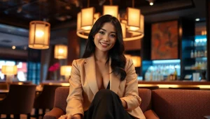 Singapore escort elegantly seated in a luxurious lounge, exuding sophistication and warmth.