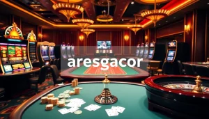 Engaging casino scene illustrating the login aresgacor interface with vibrant slot machines and poker tables.