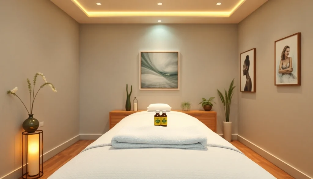 편안한 지구 색조와 분위기 조명이 있는 휴식 마사지 치료실.