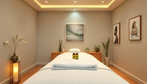 편안한 지구 색조와 분위기 조명이 있는 휴식 마사지 치료실.