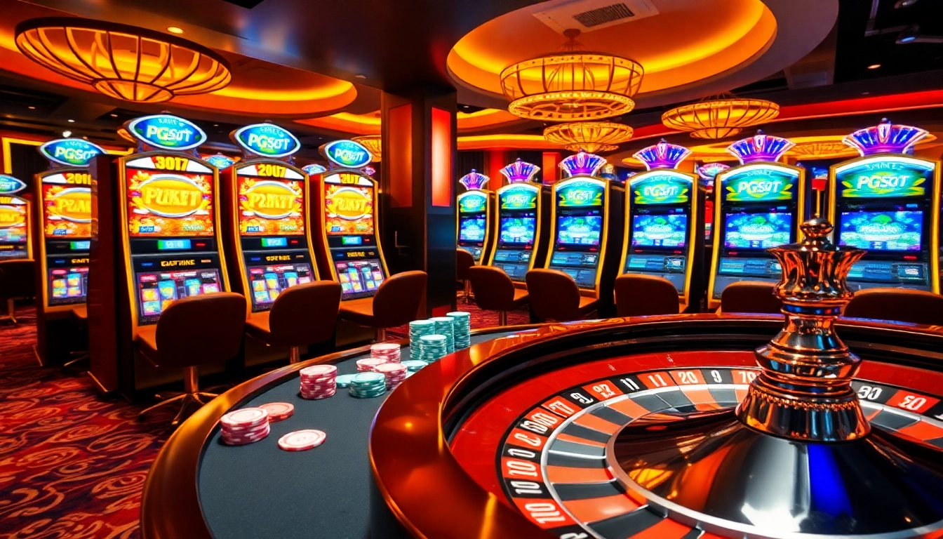 Engaging casino scene displaying PG Soft slot machines, poker chips, and a roulette wheel.