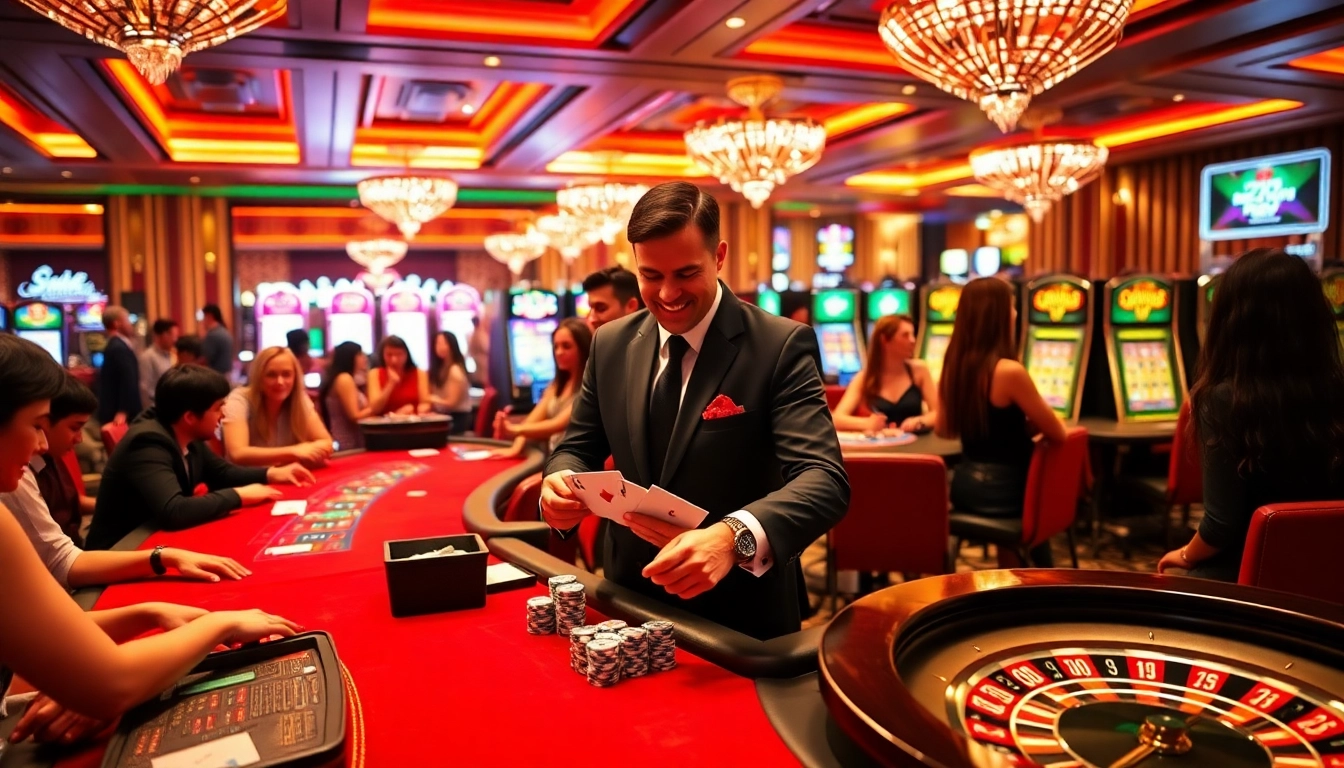 Une scène de jeu passionnante mettant en avant le meilleur casino en ligne avec des tables vibrantes et des joueurs engagés.