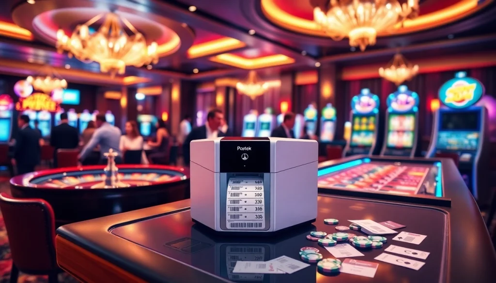 Experience Postek C168 integration in a luxurious casino atmosphere with vibrant gaming tables.