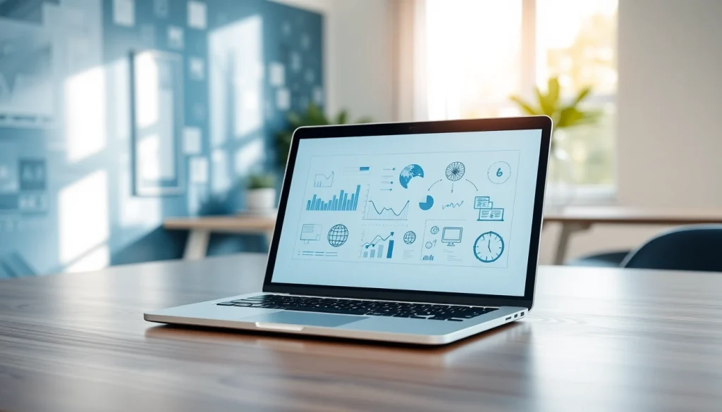 Poradnik technologiczny z laptopem na biurku, symbolizujący innowacje w technologii.