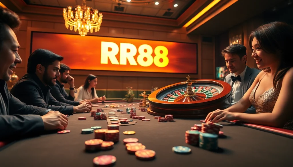 Players enjoying an exciting poker game at RR88 casino, filled with vibrant atmosphere.