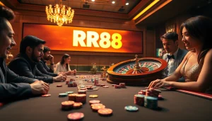 Players enjoying an exciting poker game at RR88 casino, filled with vibrant atmosphere.