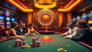 Players engaging in an exciting game at a baccarat table, representing https://mm88.br.com/ with vibrant casino elements.