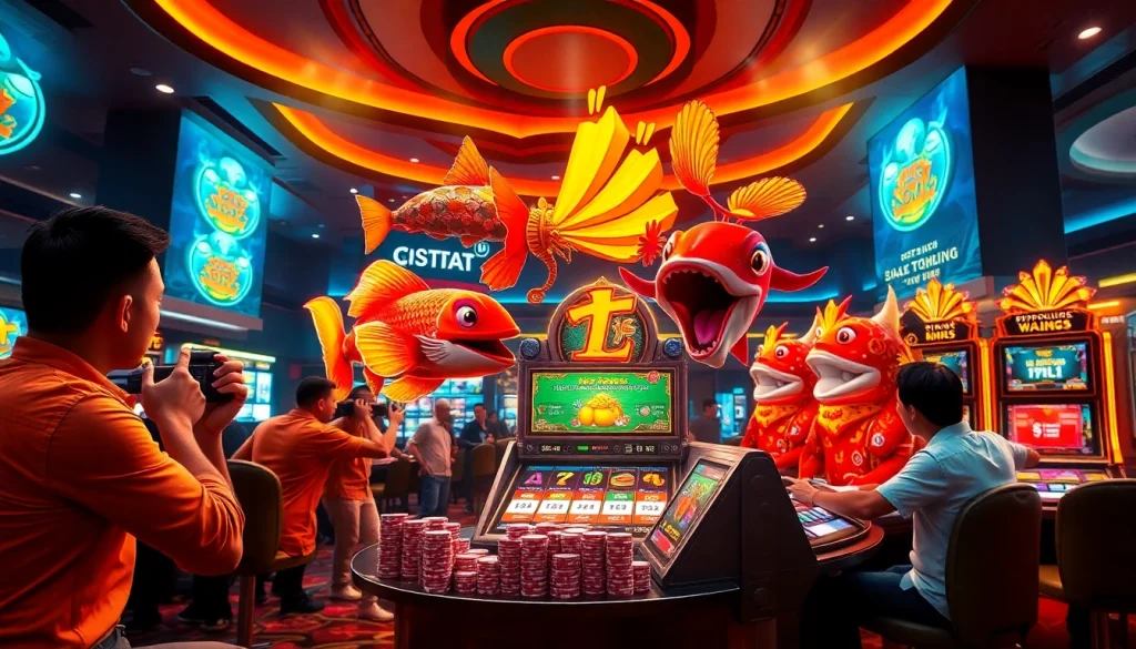 Bắn cá đổi thưởng - Exciting players immersed in a competitive underwater gambling environment, aiming for the jackpot.