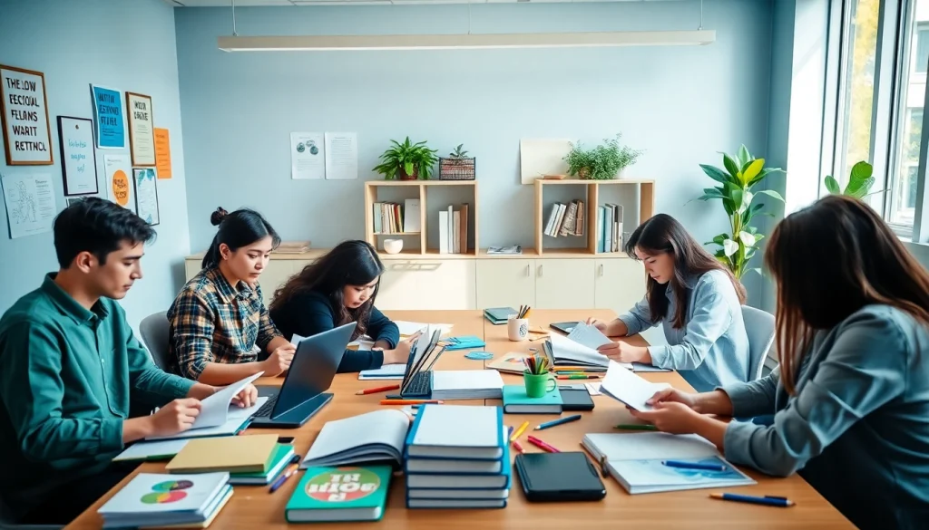 Students engaged in exam assistance services in a vibrant study environment, collaborating effectively.