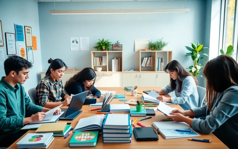 Students engaged in exam assistance services in a vibrant study environment, collaborating effectively.