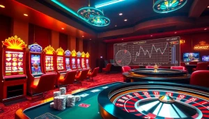 Play and win big at hoki77 with vibrant slot machines and poker tables in action.