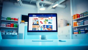 Engaging e-commerce website essex showcased in a modern office workspace with vibrant products.