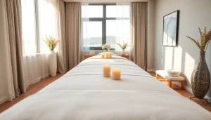 편안함과 웰빙을 촉진하는 고급 마사지 테이블이 마련된 조용한 호텔 객실의 러시아출장안마 설정