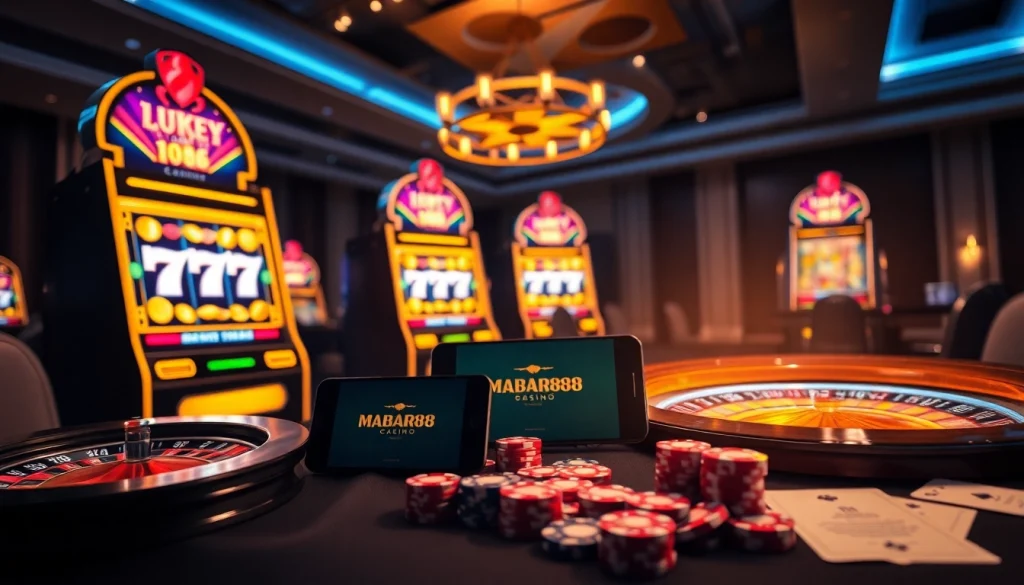 Pemain sedang menikmati kemenangan mereka di kasino online MABAR88, menampilkan mesin slot dinamis dan chip poker.