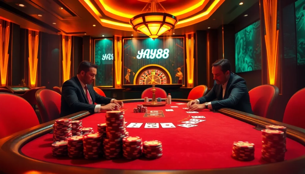 Experience thrilling poker gameplay at Hay88 casino, featuring vibrant chips and cards in a luxurious setting.