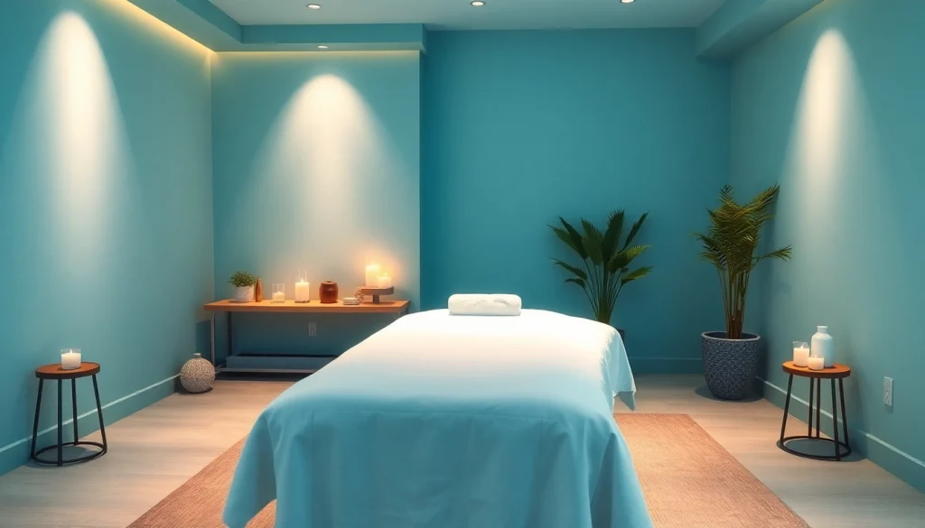 편안한 분위기와 진정되는 장식이 있는 마사지 치료실