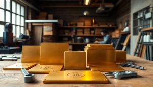 Plăci de alamă (Placa alama) expuse pe un banc de lucru, evidențiind meșteșugul și calitatea