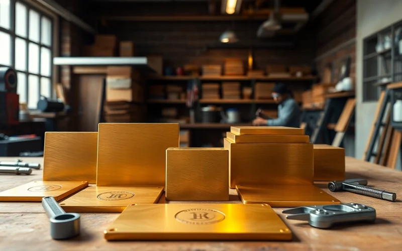 Plăci de alamă (Placa alama) expuse pe un banc de lucru, evidențiind meșteșugul și calitatea
