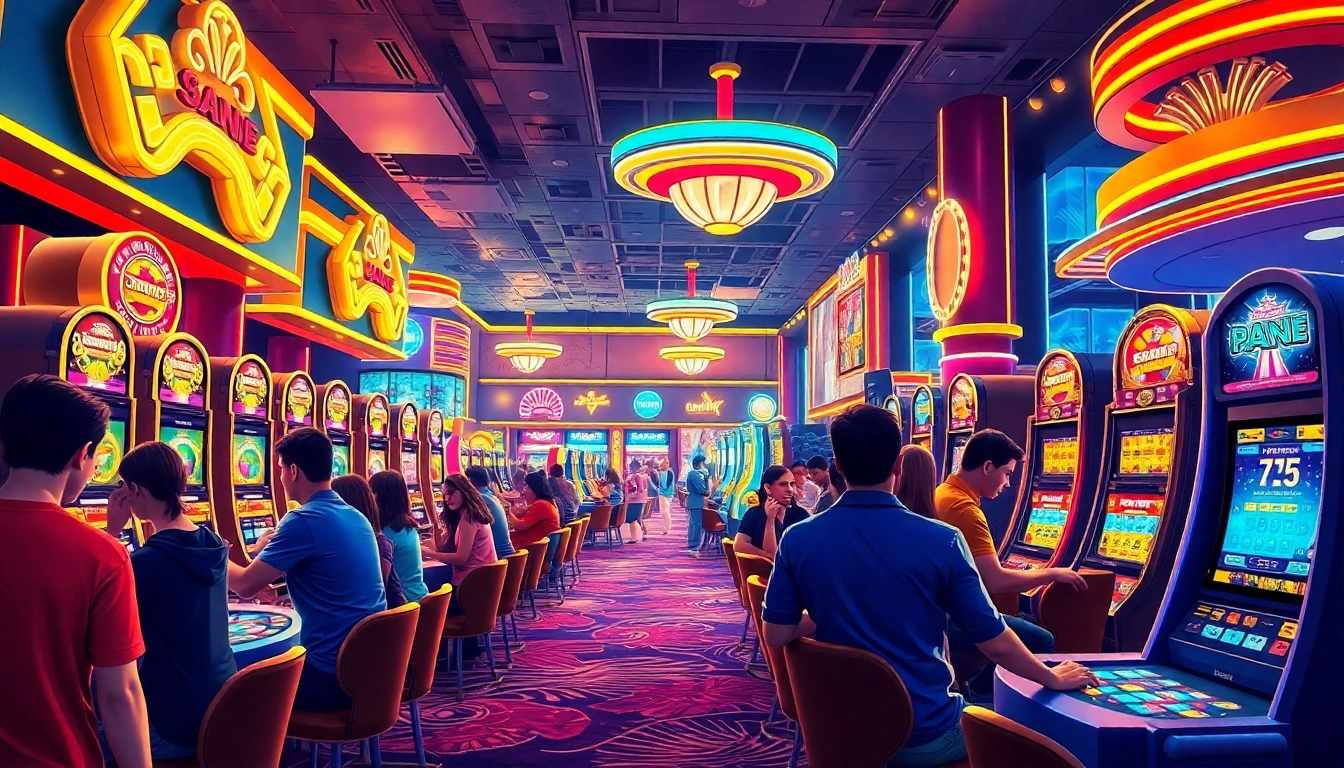 Dynamic view of a non gamstop casino gaming floor with colorful decorations and players enjoying games.
