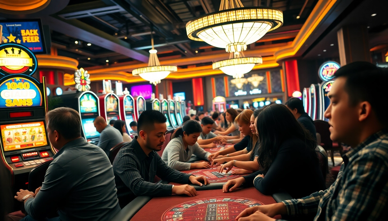 Spieler, die aufregend casino spielen in einem lebhaften Casino mit bunten Lichtern und Glücksspielen.