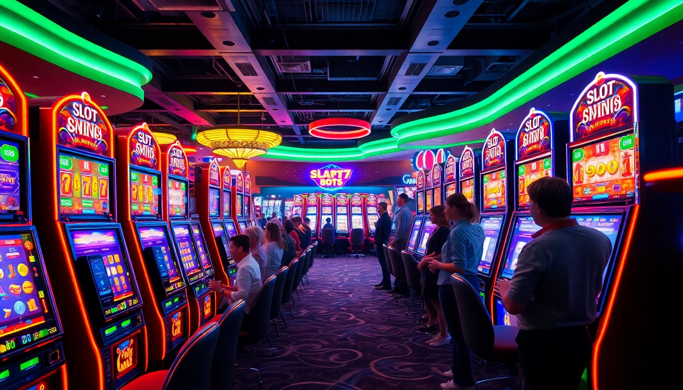 Engaging players enjoying the excitement of slot777 machines in a vibrant casino environment.