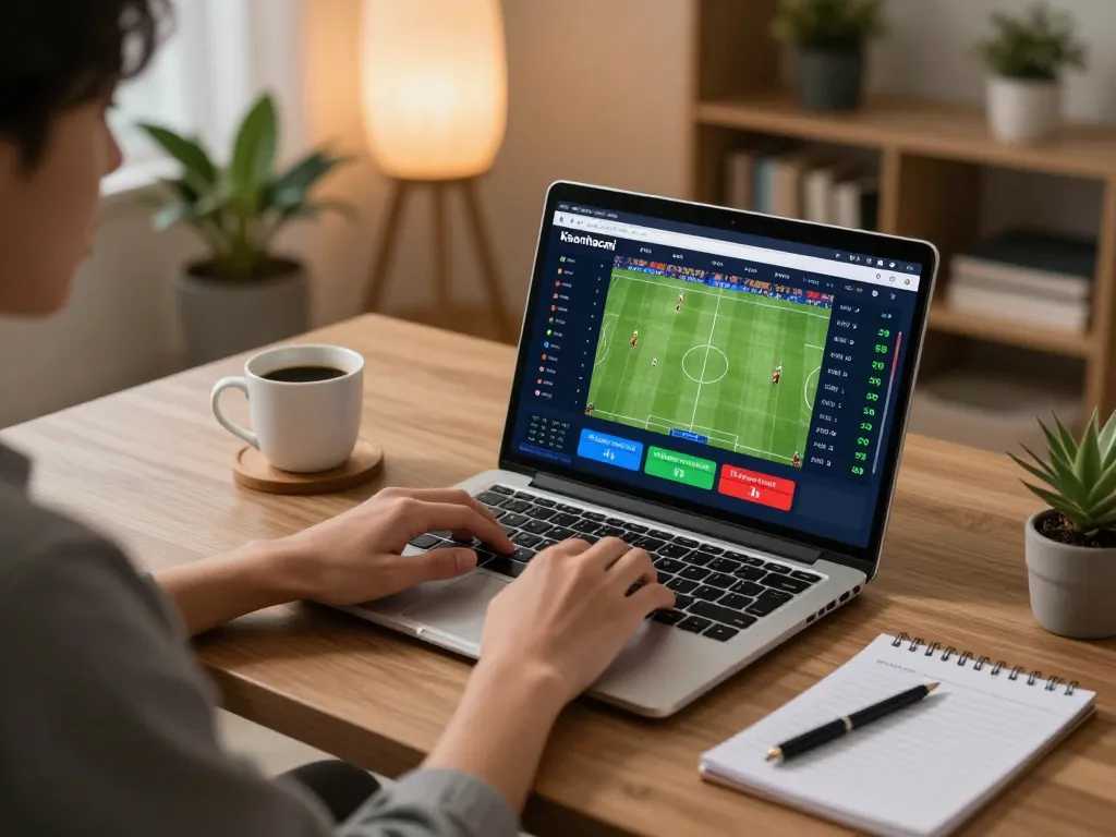 Engaging with live betting odds on Keonhacai platform for soccer matches at a cozy home desk