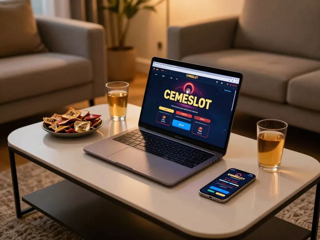 CEMESLOT showcases an elegant online gambling setup with a laptop and smartphone, highlighting strategic gaming.