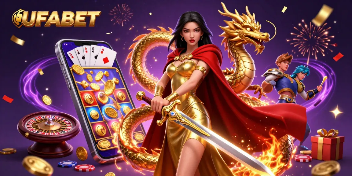 Experience exciting gaming with UFABET featuring a stunning warrior queen and dynamic casino elements.