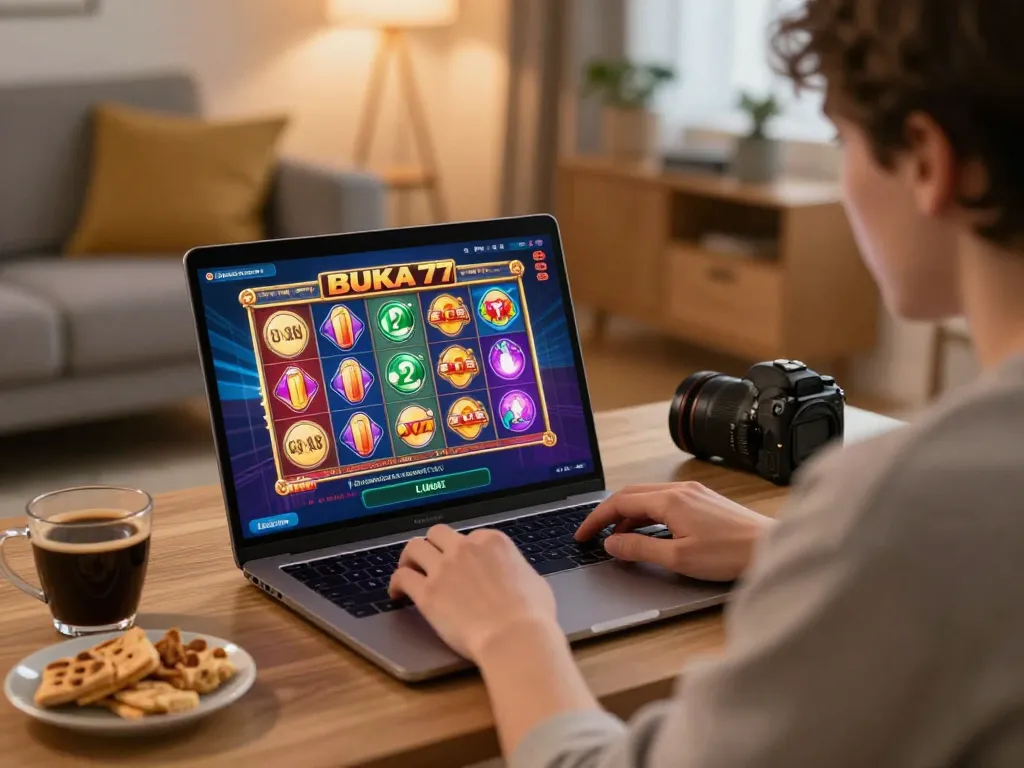 Player enjoying BUKA77 slot game on a laptop in warm home atmosphere, showcasing responsible gaming.
