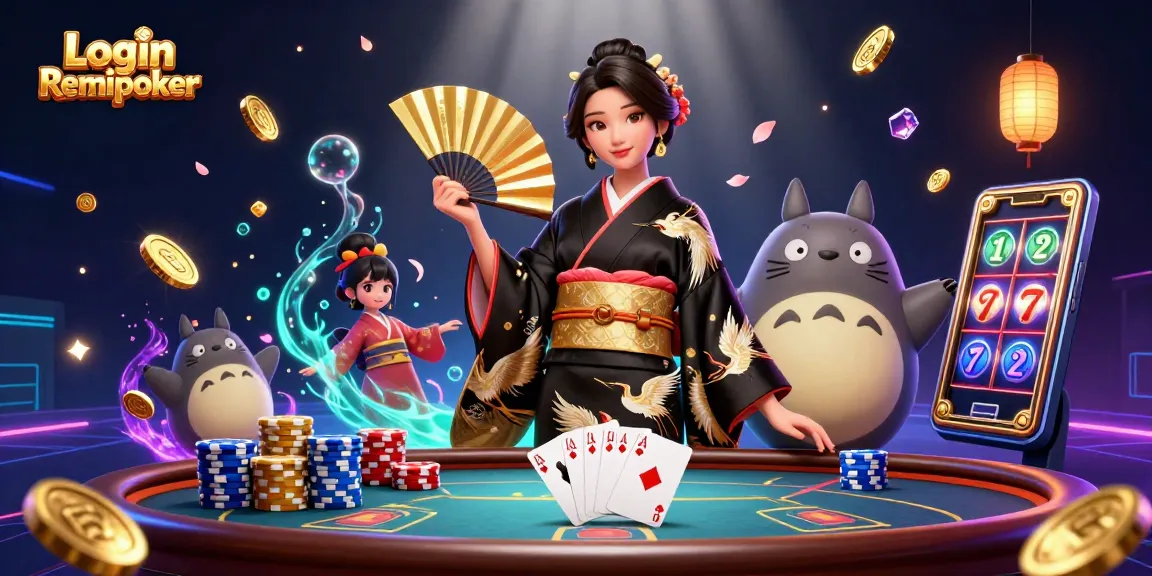 Experience the thrill of Login Remipoker with a captivating illustration featuring an elegant Asian woman in a kimono, poker chips, and glowing elements.