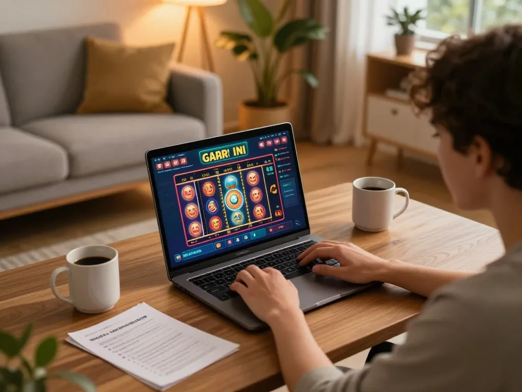Engaging in online gaming with slot gacor hari ini on a laptop in a cozy home setting