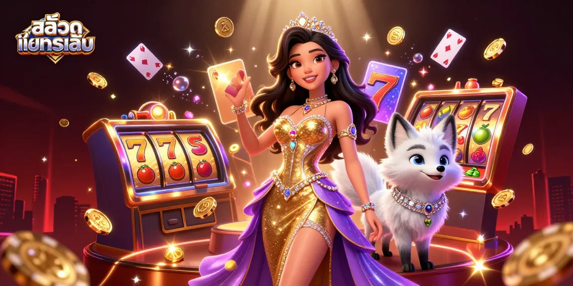 Experience สล็อตทดลองเล่น with vibrant slot reels, golden coins, and stunning characters in a captivating casino scene.