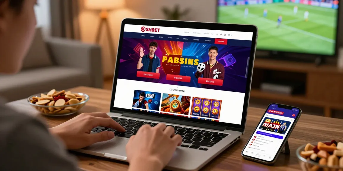 User interacting with the trang chủ shbet gambling platform on a laptop in a cozy home setting, showcasing sports and casino options.