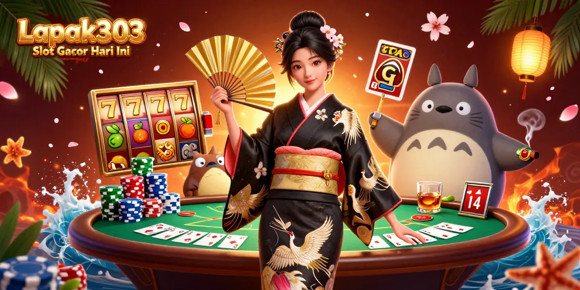 Spin to win with Lapak303 Slot Gacor Hari Ini, showcasing colorful slot reels and poker action.