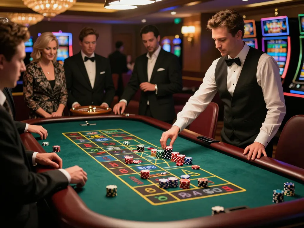 Winstrike69 gambling action at a roulette table with engaged players and colorful chips.